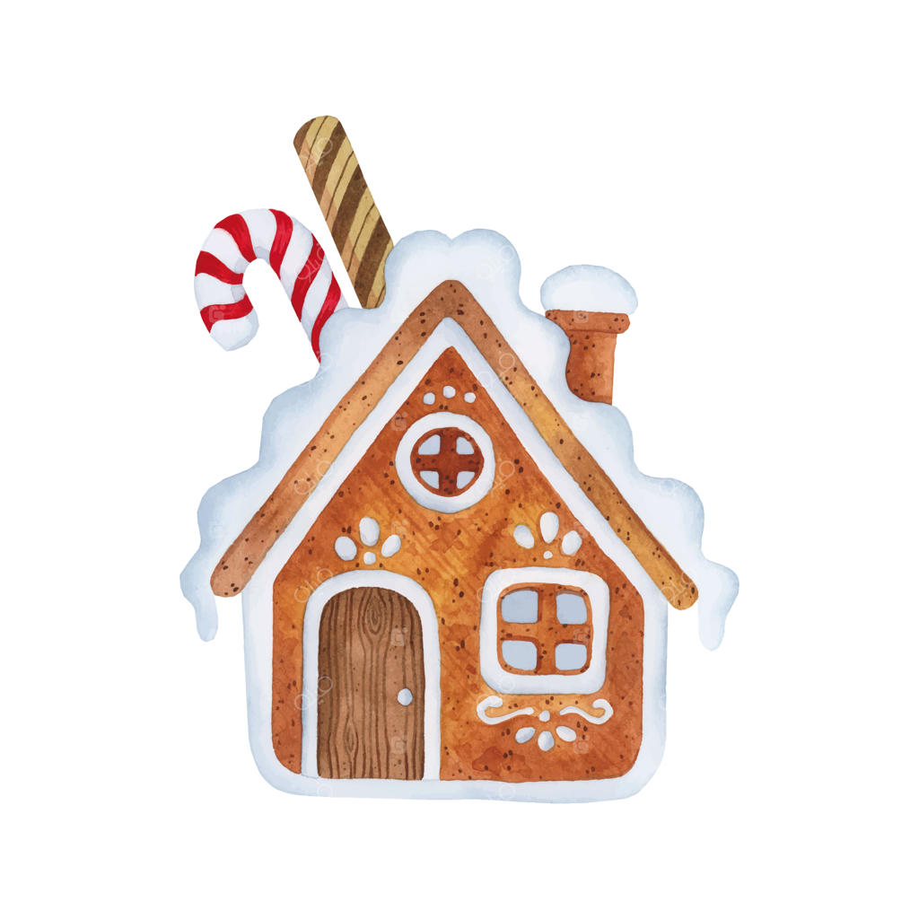 تصویرسازی آبرنگی خانه زنجبیلی با تزئینات کریسمس و یخ‌چینه‌ها