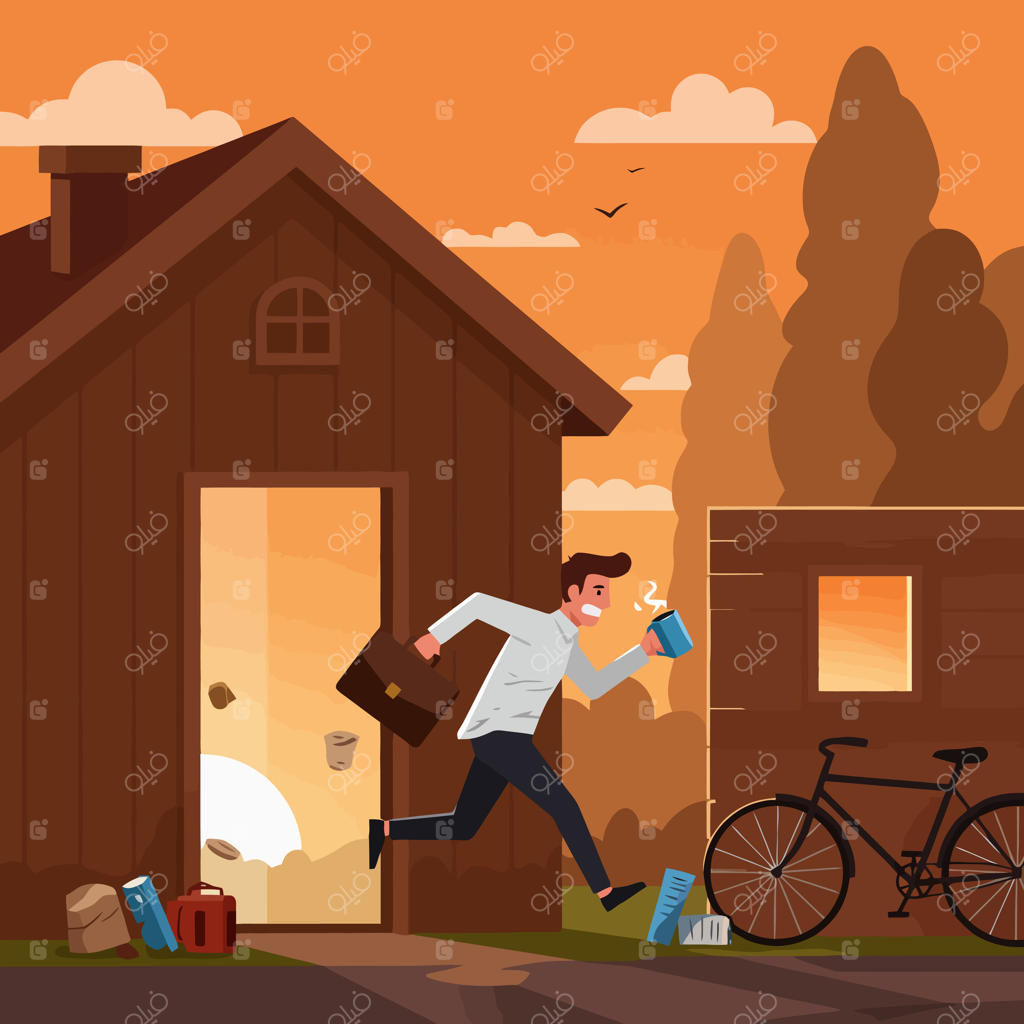 مردی با عجله از خانه خارج می‌شود: قهوه به دست و کیف کاری به دوش