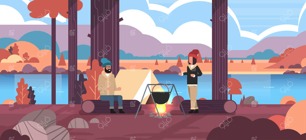 زوجی از کوهنوردان روی کنده‌ای نشسته‌اند - مرد و زنی در حال پخت غذا در دیگی روی آتش کمپینگ نزدیک چادر - مفهوم اردو زدن در طبیعت پاییزی کنار رودخانه‌ در دل کوه‌ها