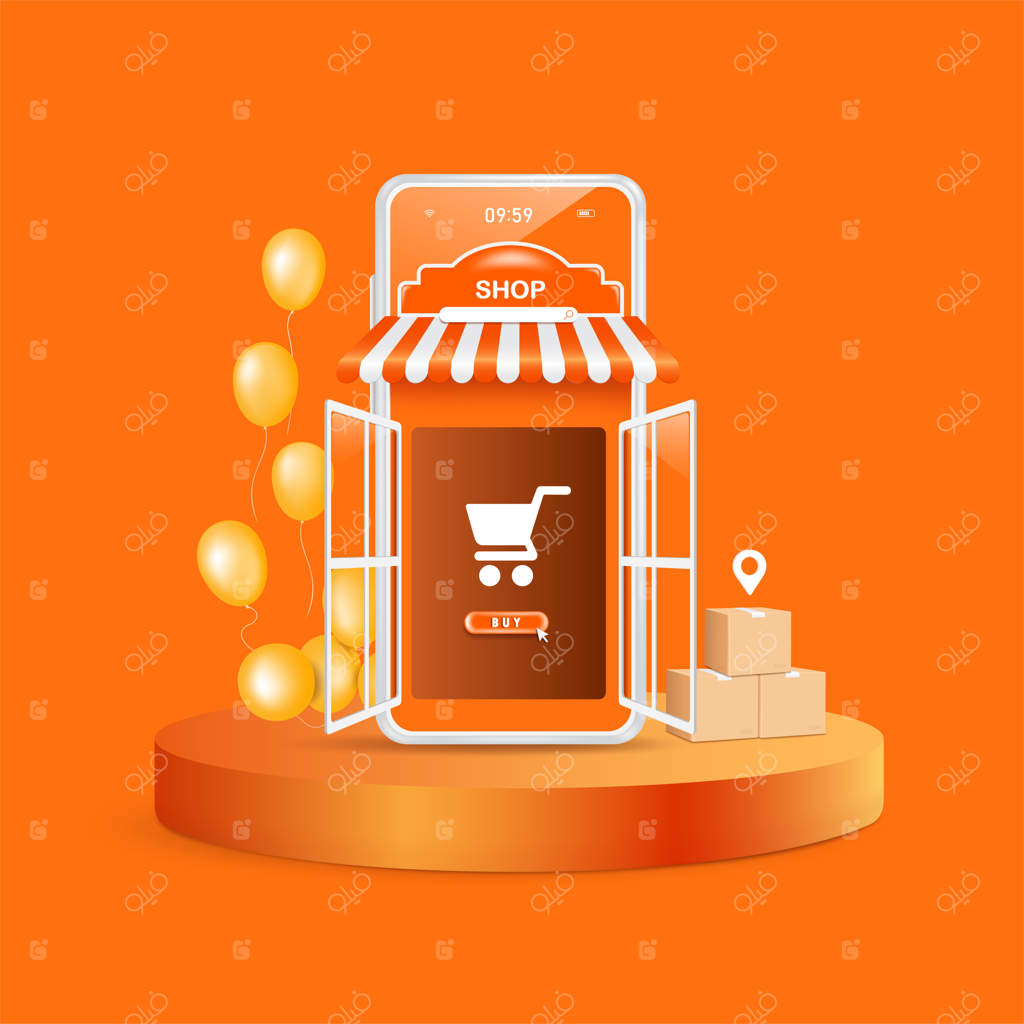 فروشگاه تلفن همراه با درب باز که داخل آن آیکون سبد خرید و در کنارش بالن‌ها و جعبه‌های بسته‌بندی روی سکوی گرد برای تحویل و خرید آنلاین قرار داشتند.