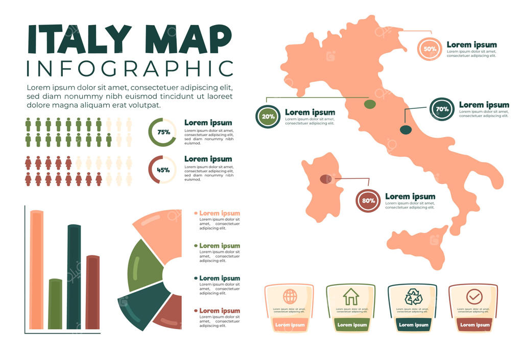 اینفوگرافیک نقشه ایتالیا دست‌کشیده