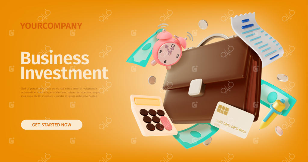 قالب سه‌بعدی کارت و پوستر تبلیغاتی سرمایه‌گذاری به سبک کارتونی. وکتور