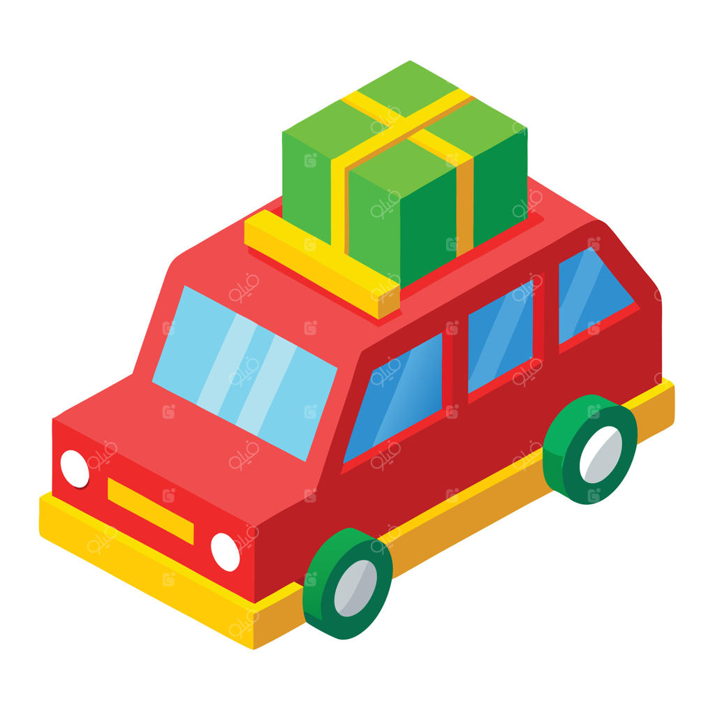 تصویر ایزومتریک ماشینی قرمز با جعبه‌ای سبز روی سقف: حمل و نقل و هدایا