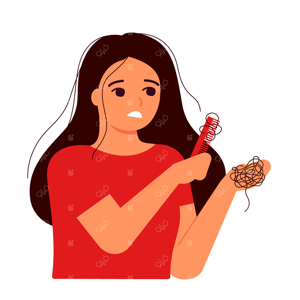 دختری که موهایش را شانه می‌کند. مفهوم ریزش مو، طاسی و آلوپسی.