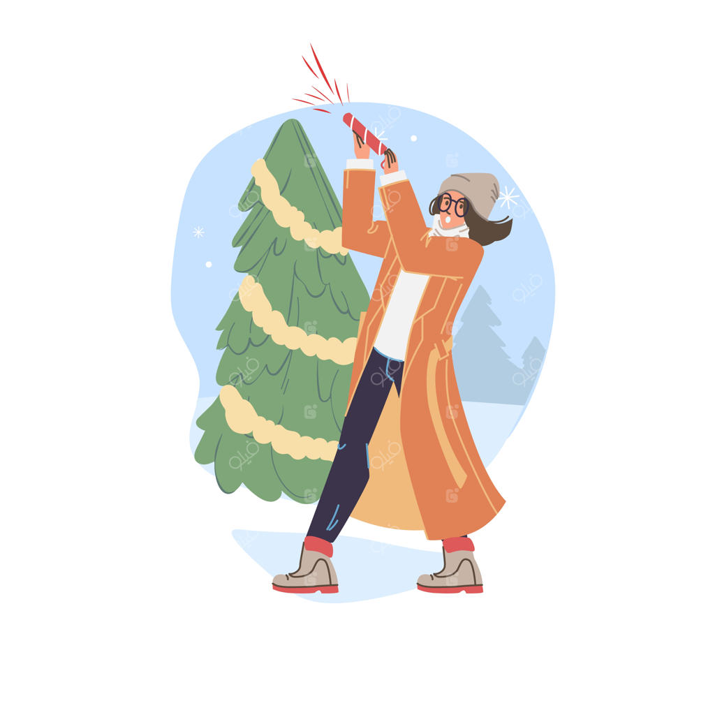 شخصیت کارتونی شاد: جشن کریسمس و سال نو با درخت کریسمس