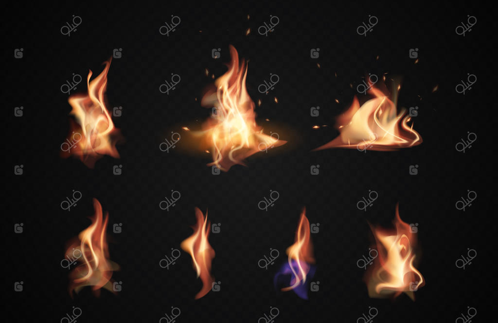 شعله‌های واقعی آتش، آیکون‌های سوزان روی پس‌زمینه مشکی شفاف