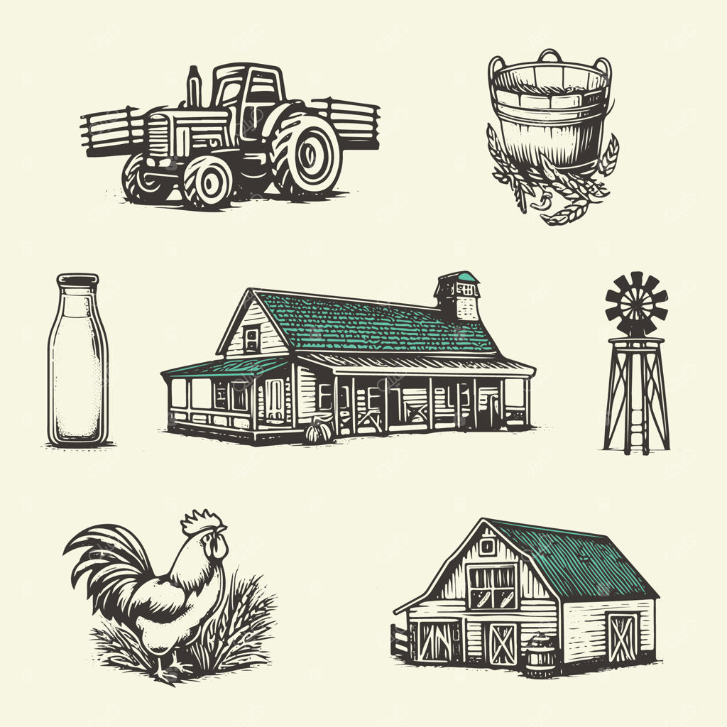 تصویرسازی‌های دستی و رترو از المان‌های مزرعه