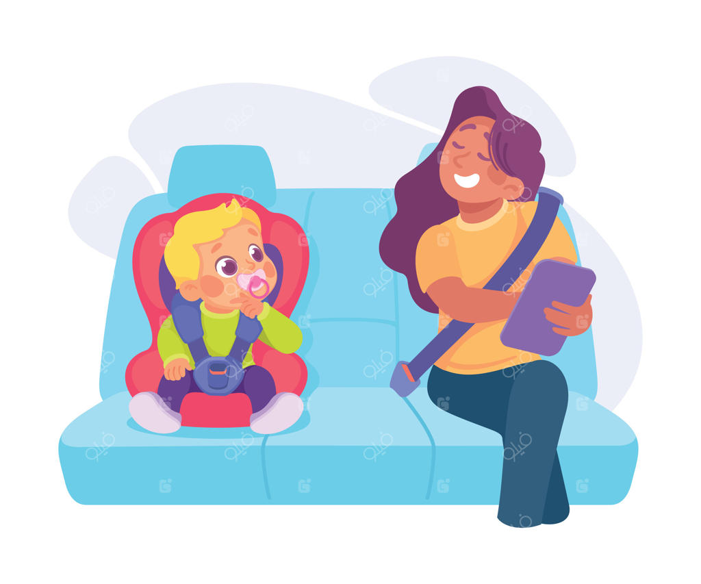 مادر و کودک در صندلی ماشین نشسته‌اند، مادر از تبلت استفاده می‌کند و کودک به تبلت نگاه می‌کند