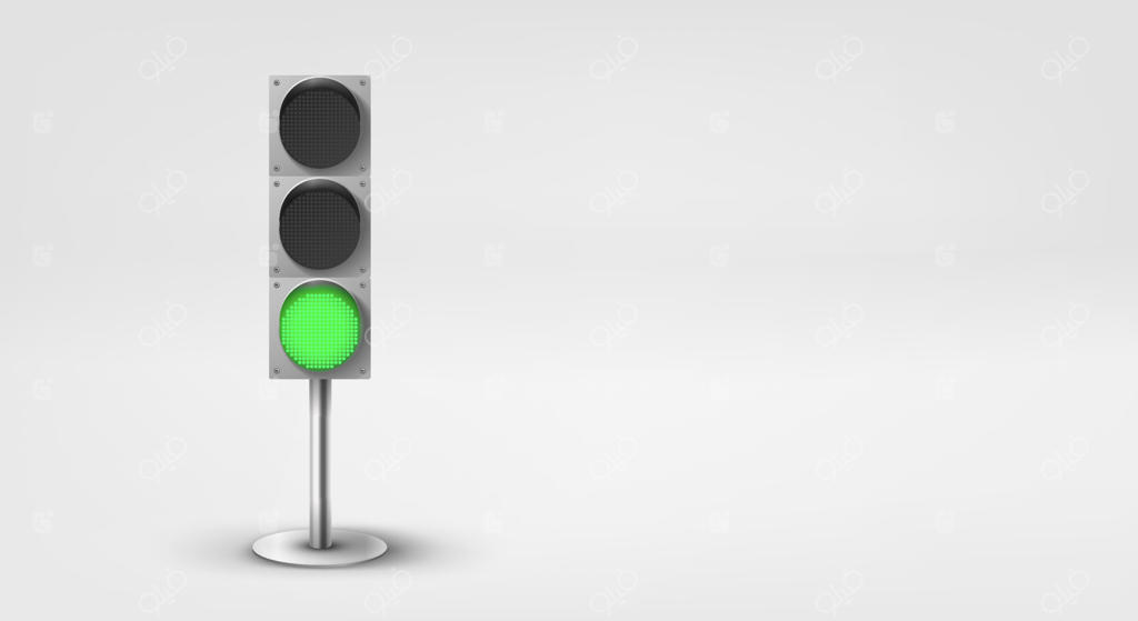 چراغ راهنمایی با نور سبز، بنر وکتور سه‌بعدی با فضای خالی برای متن