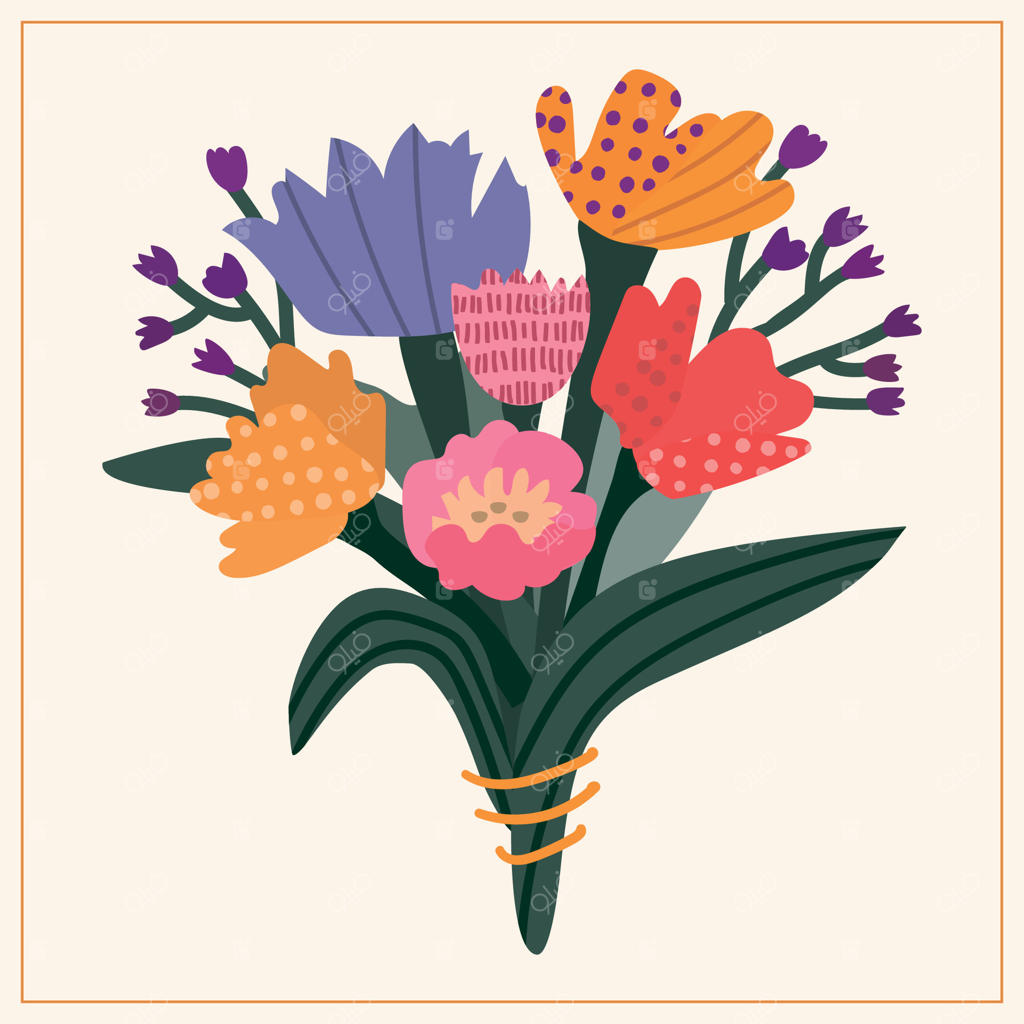 تصویری با دسته‌گل‌های گل‌های استایلیزه شده. باغ. بهار. بافت، خط. سبز تیره، صورتی، بنفش، نارنجی، خاکستری. مناسب برای کارت‌پستال‌ها، مجلات، وب‌سایت‌ها و دعوت‌نامه‌ها.