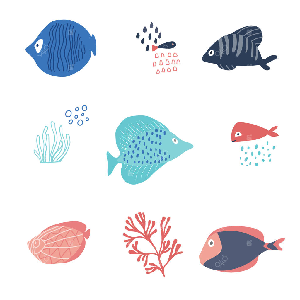 ماهی‌های کارتونی قرمز و آبی با چشم‌های بامزه