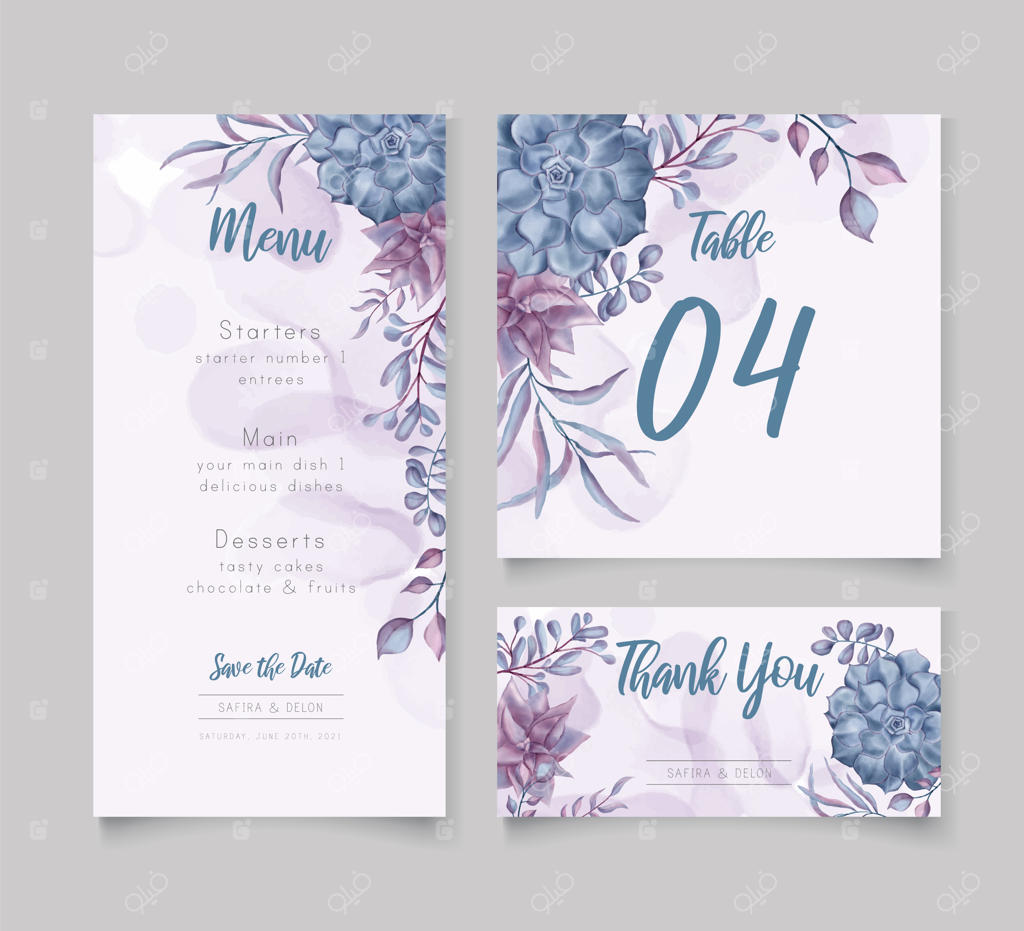 مجموعه قالب منوی عروسی با طرح گل‌های آبرنگی