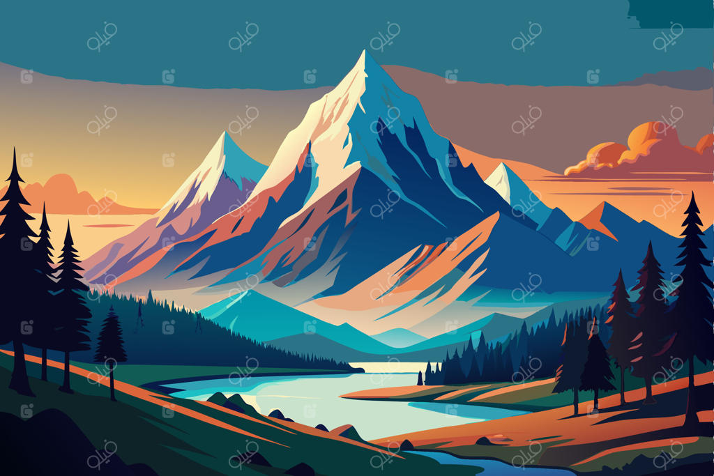 نقاشی منظره کوهستانی با رودی در میان آن