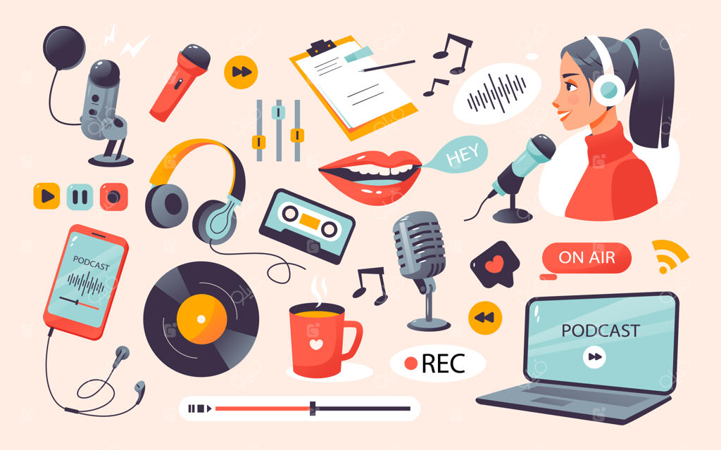 ست پادکست: عناصر پادکست، میکروفون، هدفون، پلیر و ضبط. ضبط پادکست توسط یک نفر