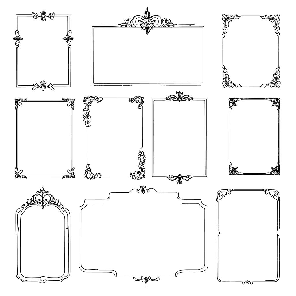 مجموعه وکتور قاب‌های تزیینی وینتیج و فریم‌های هندسی دست‌ساز با طرح دودل