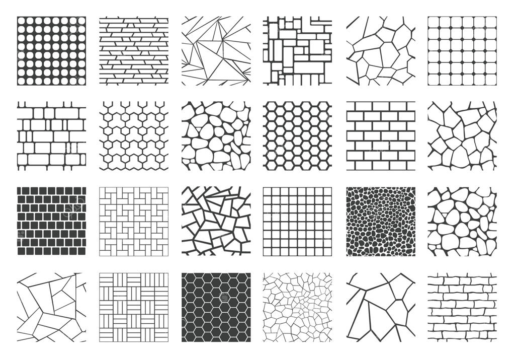 بافت سنگ‌فرش: آجرها و سنگ‌ریزه‌های زینتی قدیمی، طرح‌های سنگ‌فرش پیاده‌رو، مسیر سیاه باغچه. مجموعه‌ی وکتور مجزا