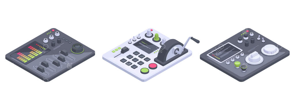 پانل‌های ایزومتریک کنترل داشبوردهای سفینه‌های فضایی و هواپیما با دکمه‌ها و لغزنده‌ها - تصویر برداری سه‌بعدی