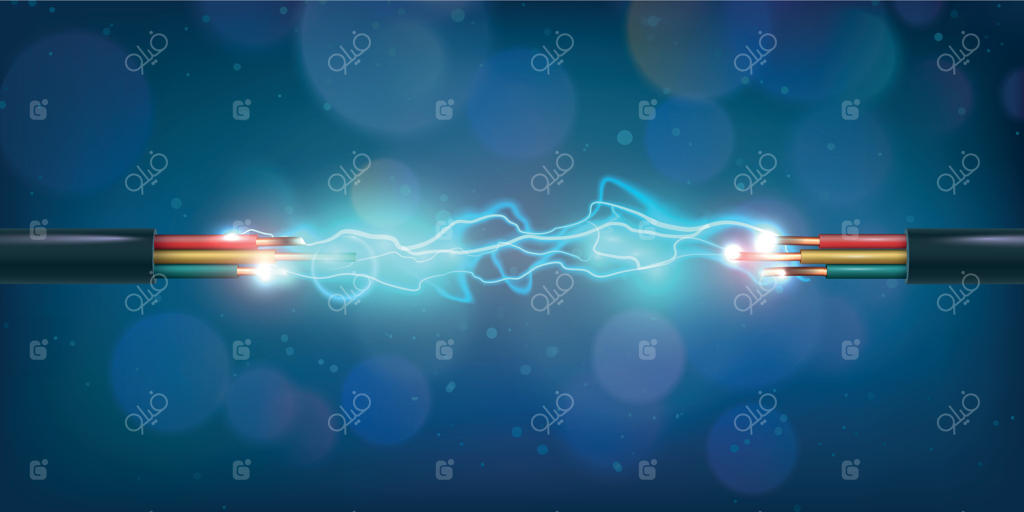 اتصال کابل برق مسی با جرقه الکتریکی درخشان؛ تخلیه سیم‌های مدار انرژی رنگی؛ مفهوم فناوری ارتباطات وکتوری