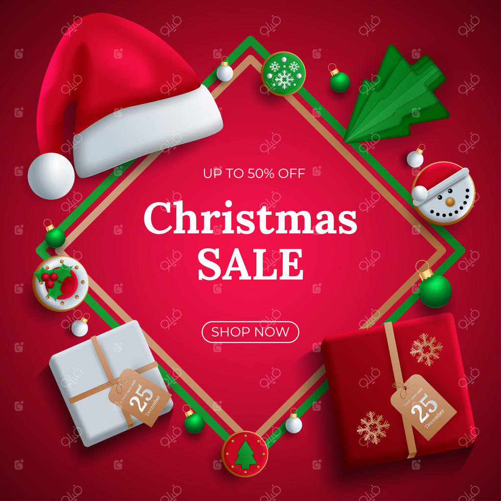 کارت کریسمس با پس‌زمینه قرمز و عناصر تزئینی رنگارنگ - تصویر برداری