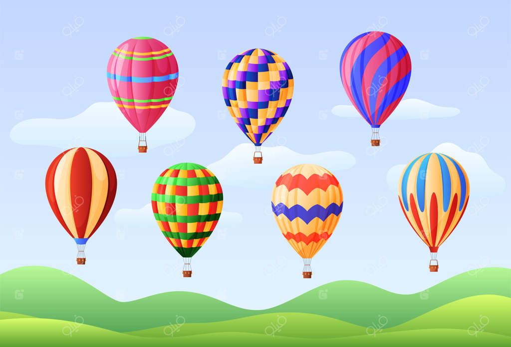 مجموعه‌ای از بالون‌های هوای گرم با رنگ‌های متنوع - طرح برداری در زمینه هوانوردی