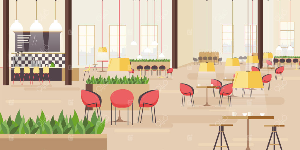 فضای رستورانی در مرکز خرید: تصویر افقی با صندلی‌های متعدد. تصویرسازی تخت.