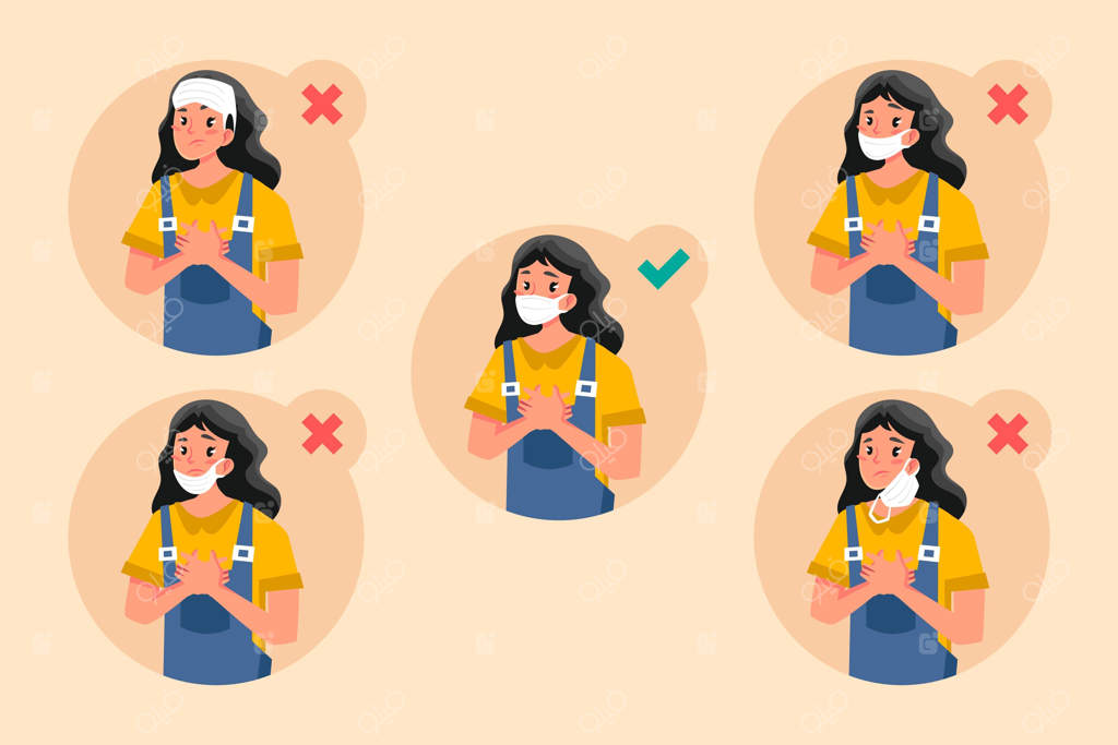 نشان دادن روش‌های صحیح و نادرست استفاده از ماسک توسط یک زن