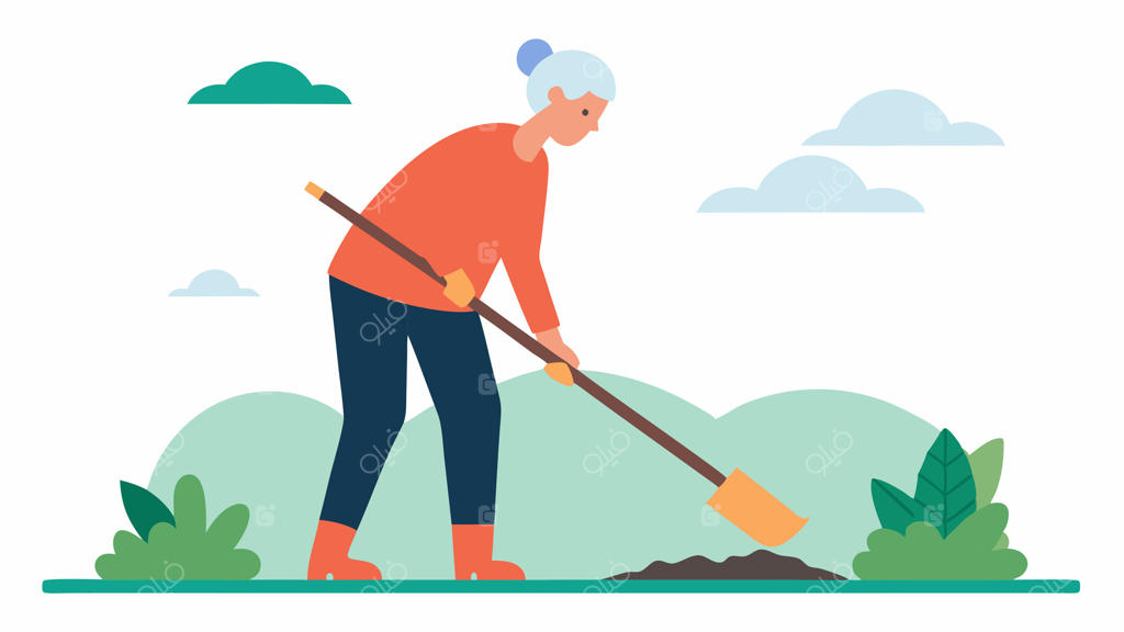 ابزارهای خاک‌برداری: صحنه‌ای از فعالیت یک سالمند با بیل دسته‌بلند در یک باغچه مرتفع و نمایش ابزارهایی که استفاده را آسان کرده‌اند.