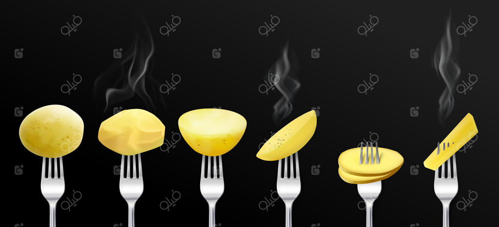 مجموعه‌ای واقع‌گرایانه از سیب‌زمینی روی چنگال: تصاویر جداگانه از چنگال‌های فلزی با سیب‌زمینی داغ و تازه پخته‌شده - تصویرسازی وکتور