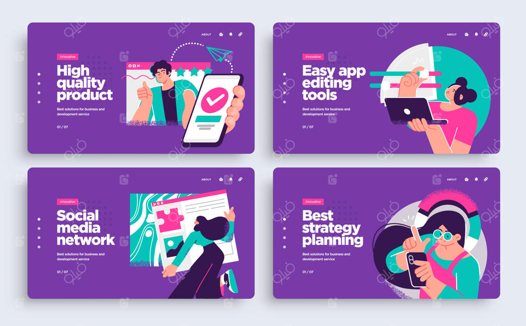 مجموعه‌ای از قالب‌های اسلاید ارائه یا طراحی وب‌سایت صفحات فرود برای ایده‌های کسب‌وکار