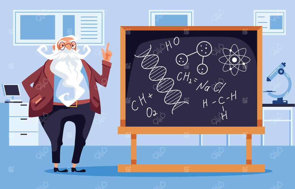 استاد یا معلم در کنار تخته سیاه و آموزش یک مفهوم