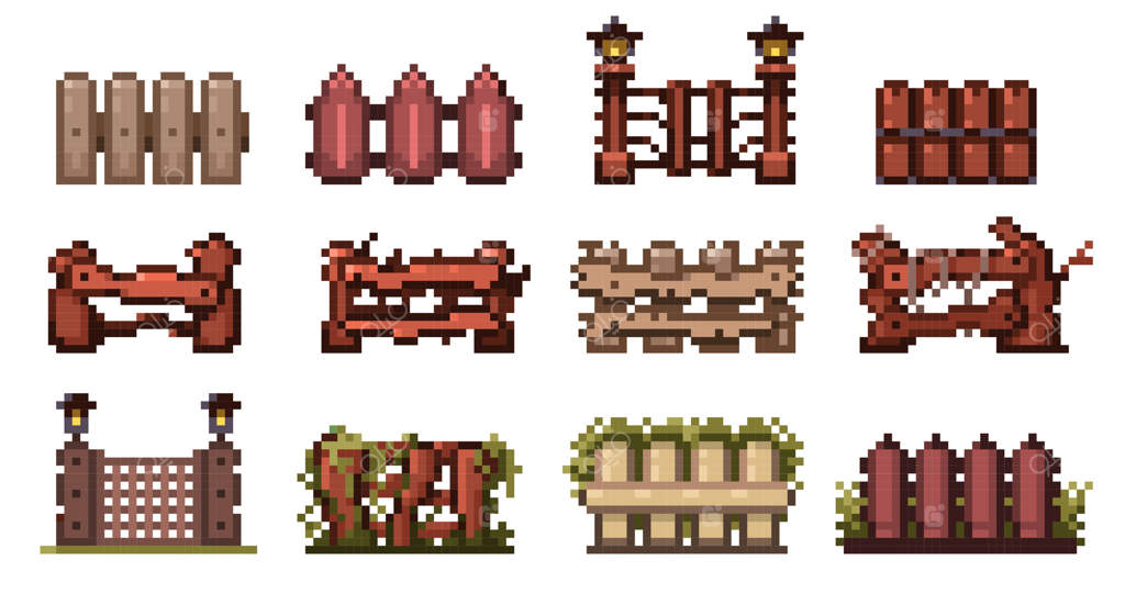نرده‌های چوبی پیکسلی: دارایی بازی رترو 8 بیتی، نرده چوبی کارتونی با تیرهای روستایی، مرز باغ قدیمی، مجموعه‌ای از نرده‌های چوبی پیکسلی جداگانه.