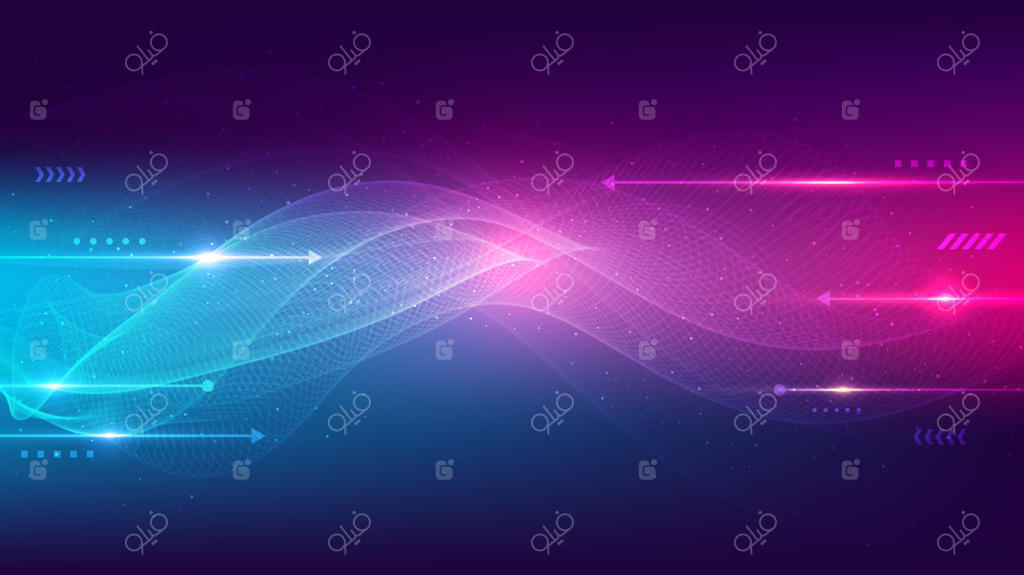 مفهوم فناوری دیجیتال انتزاعی با خطوط موج‌دار و نورهای نئونی آبی و صورتی، همراه با عناصر هندسی بر زمینه آبی تیره