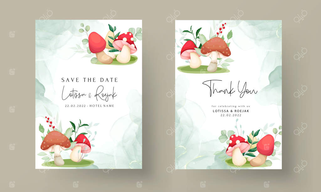 کارت دعوت عروسی با طراحی دستی قارچ و برگ‌های زیبا