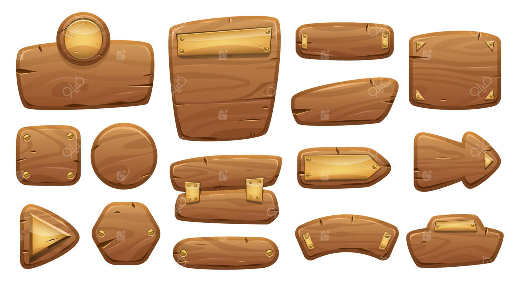 مجموعه طراحی بنر و تابلو چوبی در بازی: عناصر رابط کاربری، قاب چوبی آویزان کارتونی و قدیمی