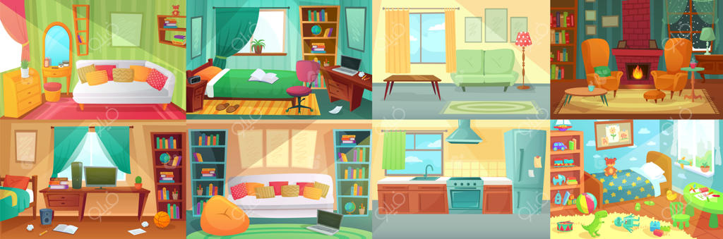 طراحی داخلی اتاق‌ها: اتاق خواب، نشیمن، آشپزخانه و اتاق کودک با مبلمان. اتاق نوجوان با تخت، میز و کامپیوتر. اتاق کودک با اسباب‌بازی و تصاویر. شومینه‌ای با صندلی‌های راحتی.