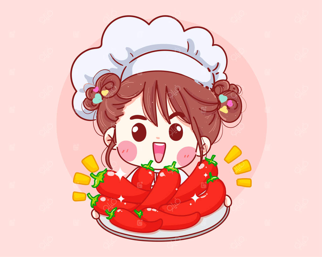 تصویر آشپز بامزه در حال نگه‌داری فلفل‌های قرمز