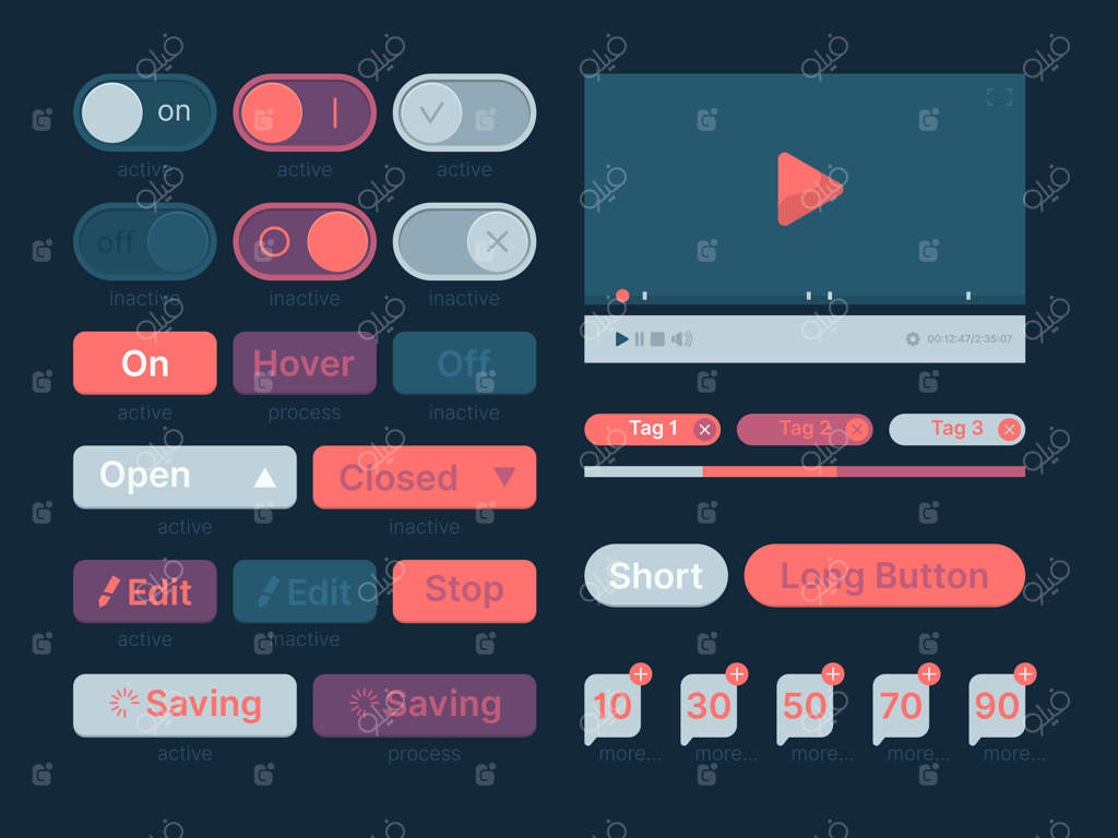 کیت رابط کاربری: قالب‌ها و آیکون‌های وب، دکمه‌ها، نوار منو، جستجو و تمپلیت‌های وکتور جذاب برای رابط کاربری اپلیکیشن و وب‌سایت‌ها