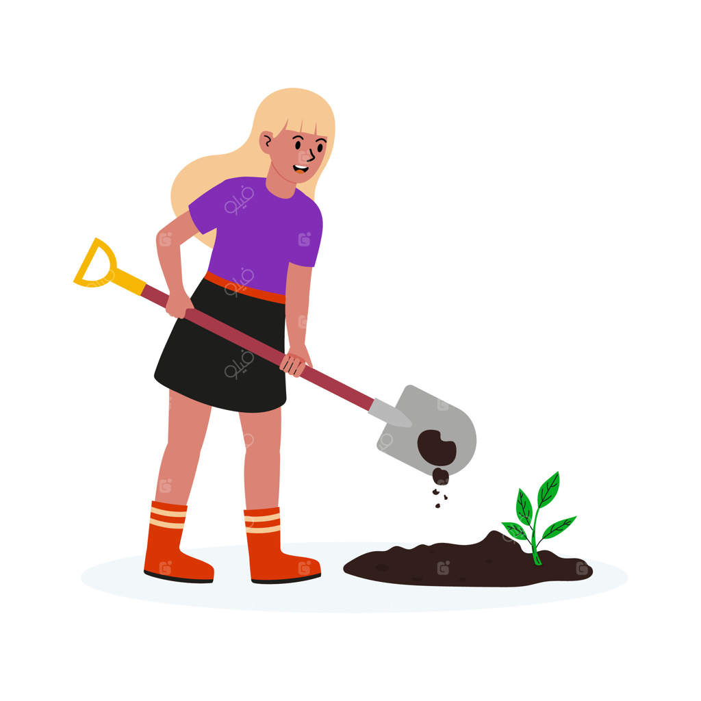 کودکی در حال کاشتن نهال در خاک باغچه با بیلچه در فعالیت روزانه