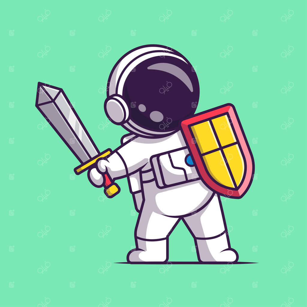 آیکون وکتور کارتونی جنگجوی فضانورد بامزه با شمشیر و سپر. علم و فناوری