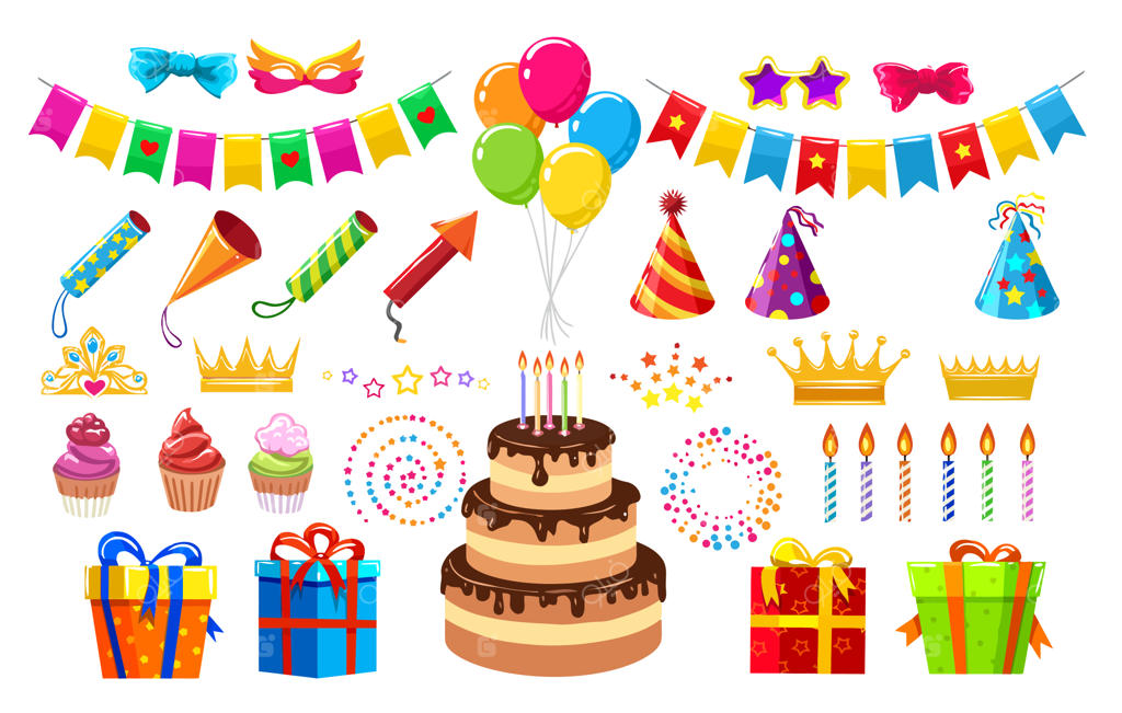 کلاژ کارت‌های تبریک تولد شامل کیک و بادکنک