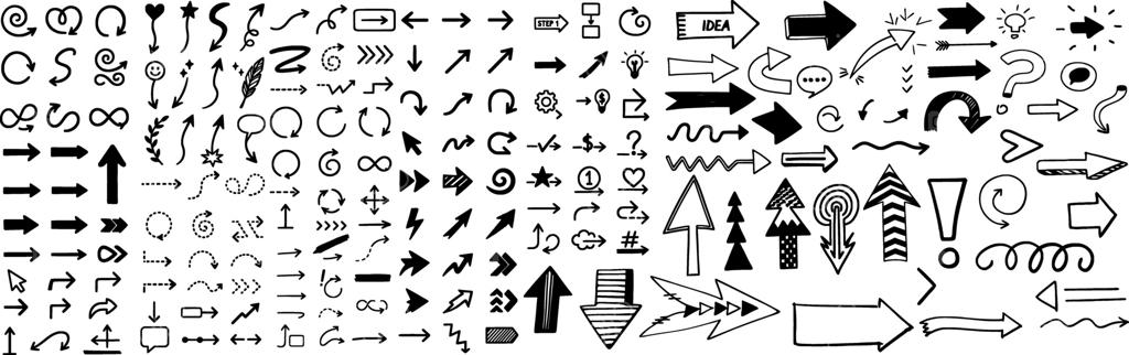 مجموعه آیکون‌های فلش دست‌ساز: فلش‌های منحنی، زیگزاگ، موج‌دار، راست و لوپ به سبک طرح‌های سرگرم‌کننده برای محتوای بصری و نمودارها.