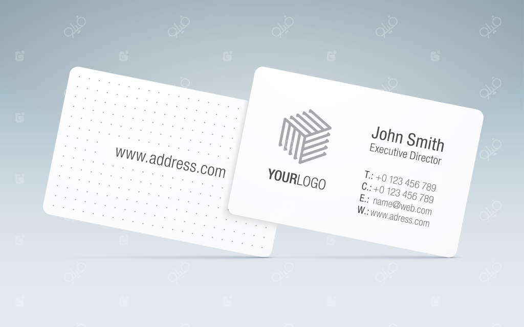 قالب کارت ویزیت: کارت ویزیت شیک با لوگوی ساده شرکت، اطلاعات تماس و طرح پشت کارت.