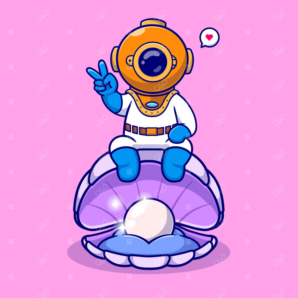 تصویر بامزه غواص نشسته روی صدف - آیکون کارتونی علم و طبیعت