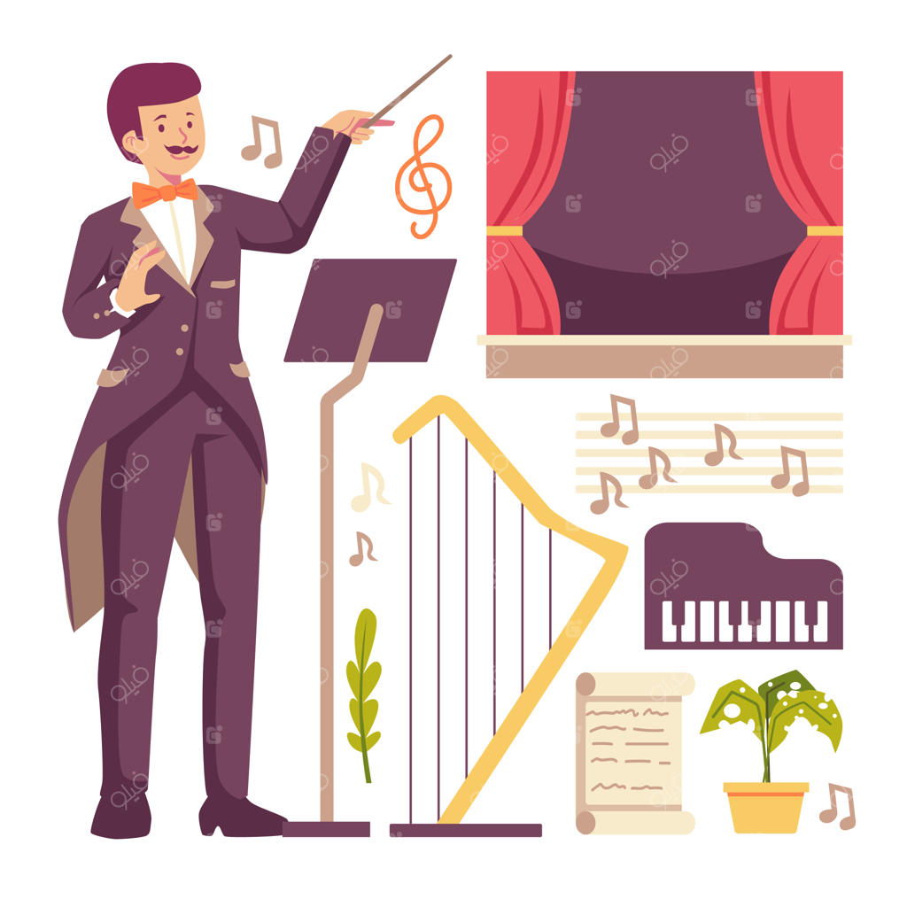 رهبر ارکستر با باتون و تجهیزات حرفه‌ای در تصویر کارتونی