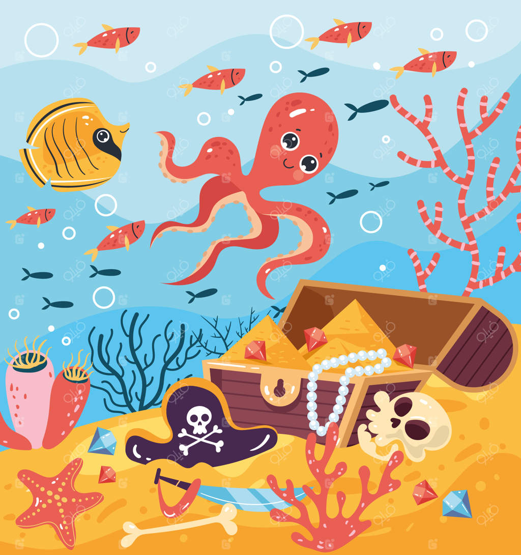 تصویرسازی کارتونی: گنجینه سینه دزدان دریایی در کف دریا