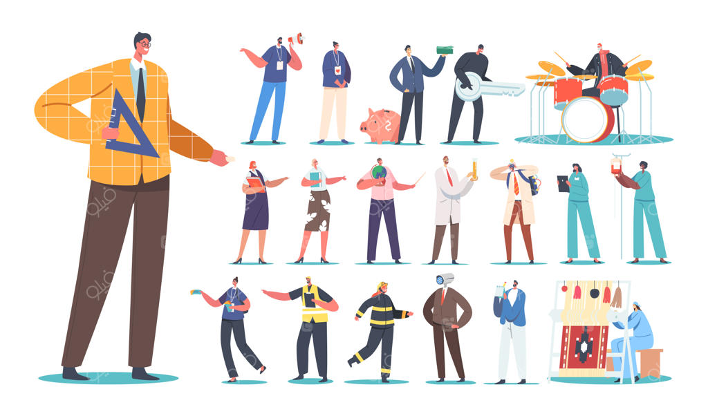 مجموعه‌ای از شخصیت‌های مرد و زن در حرفه‌های مختلف: معلم، داوطلب، تبلیغ‌کننده، دزد، بانکدار