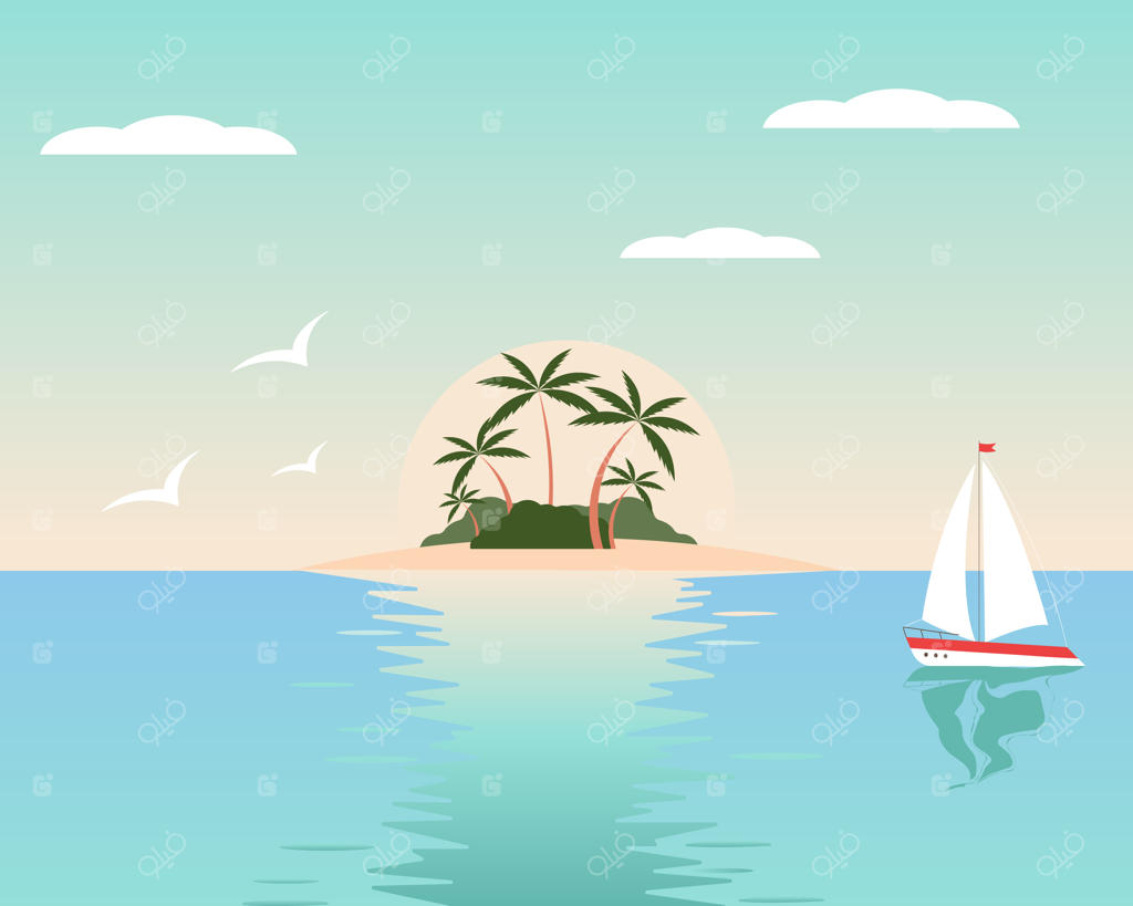مناظر تابستانی ساحل، تعطیلات تابستانی، جزیره دریایی، درختان نخل، قایق بادبانی و مرغان دریایی - وکتور گرافیکی