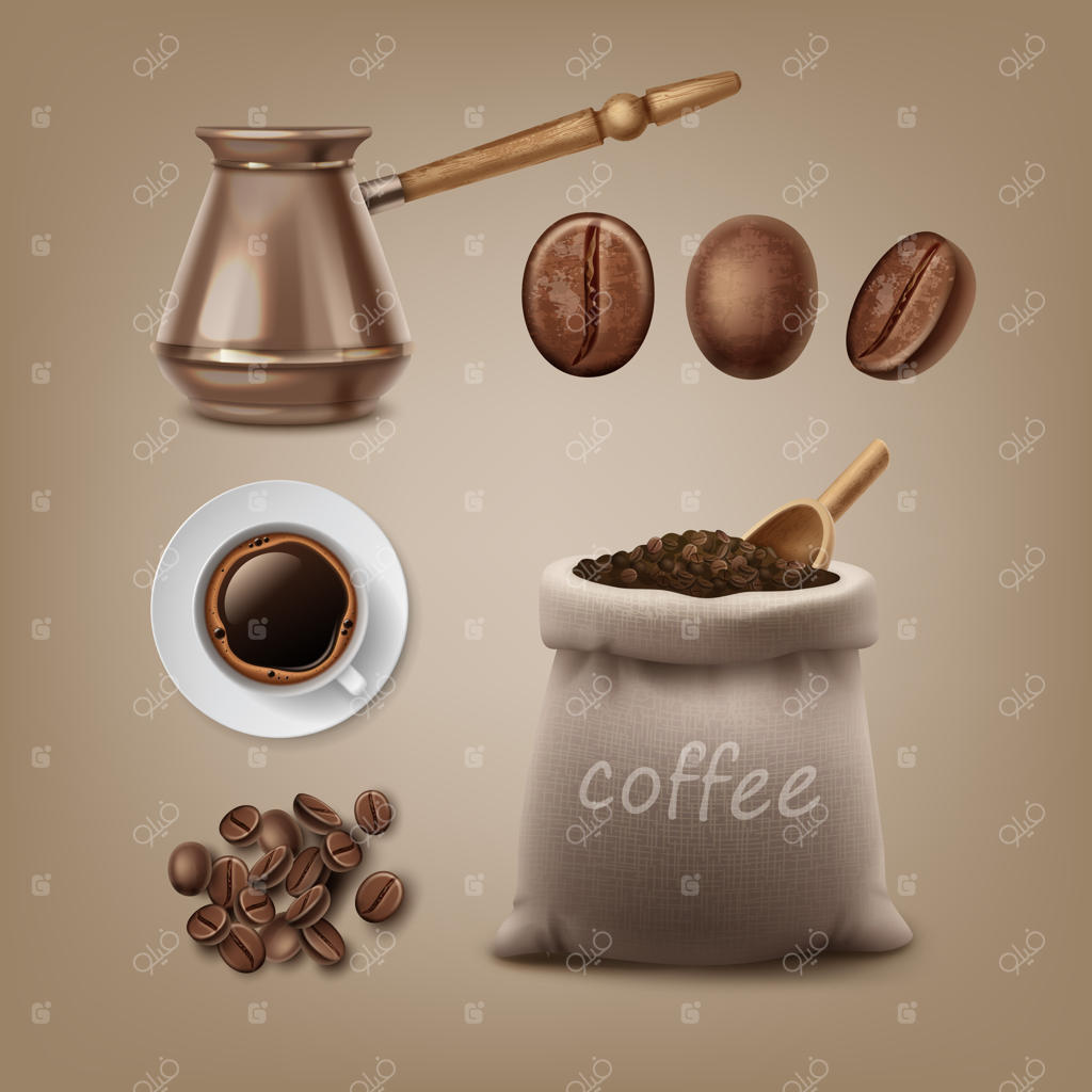 مجموعه‌ای از دانه‌های قهوه برشته و لوازم جانبی شامل کیسه کنفی