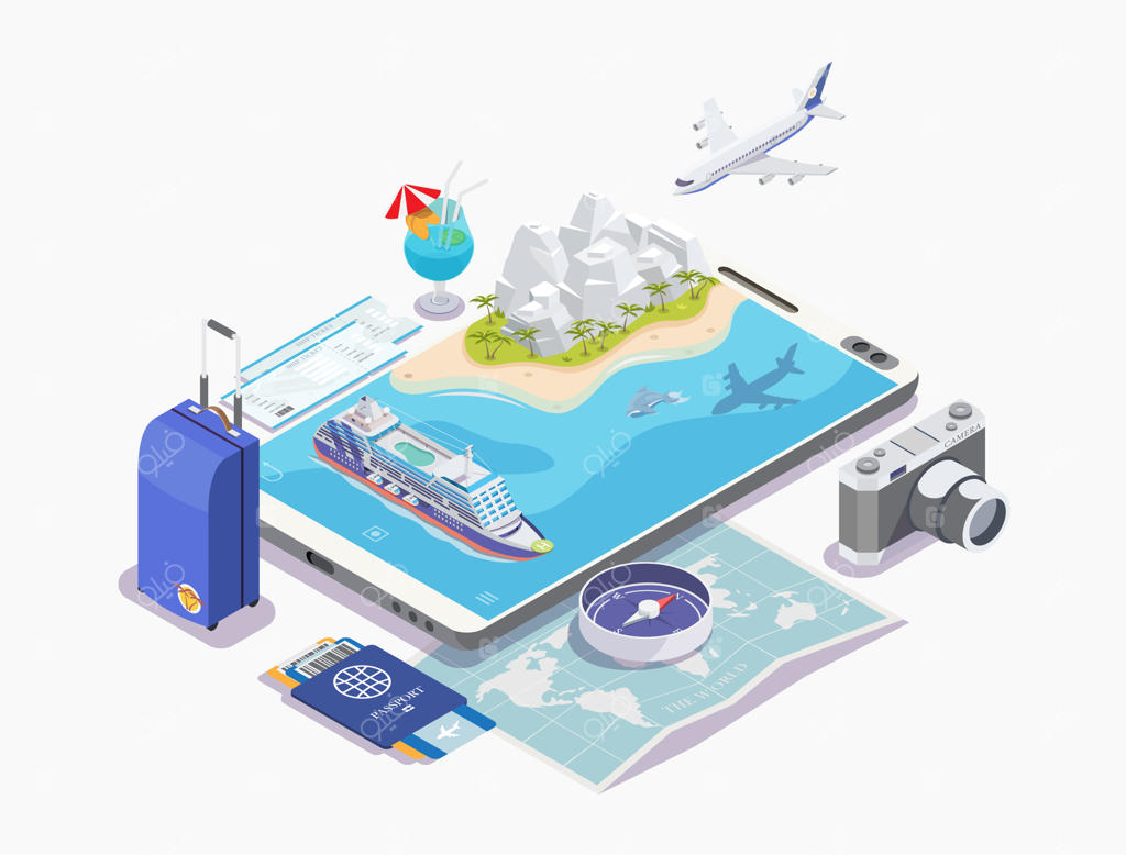 مجموعه‌ای از اشیا: تصویر ایزومتریک کشتی کروز، مفهوم سفر دریایی، بنر برای استراحت، پس‌زمینه سفید