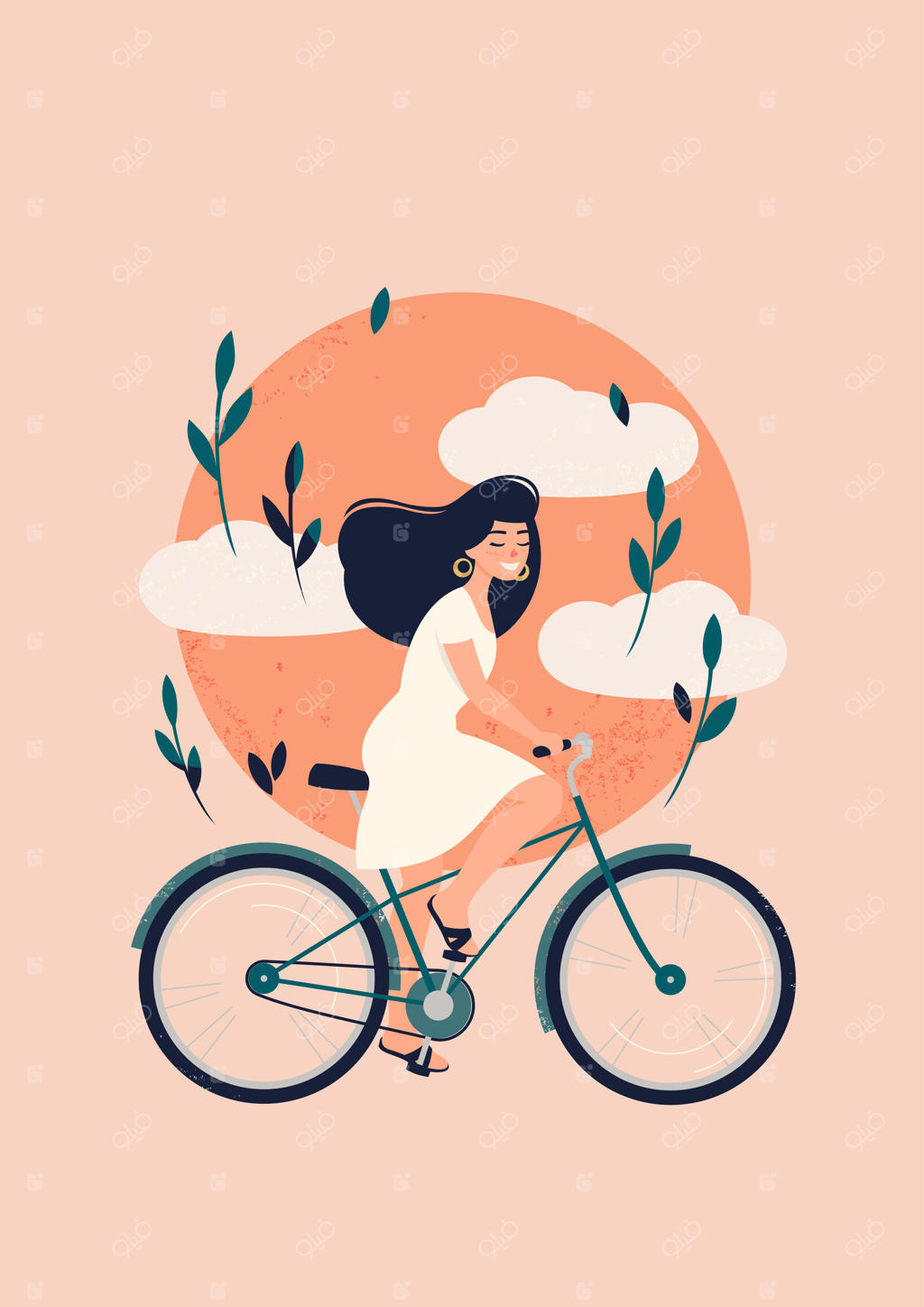 زن خرمایی شاد، دوچرخه‌سواری زیر آفتاب و میان ابرها